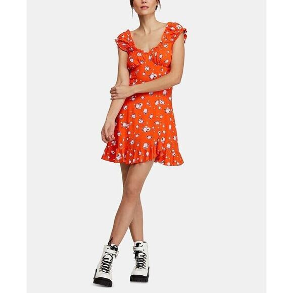 Free People Womens Like a Lady Printed Mini Dress Size XS Orange Party Vacation - Picture 2 of 6